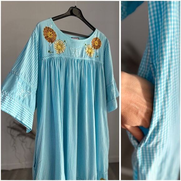 GRANADA VINTAGE WOMEN'S 2X BLUE EMBROIDERED SHORT SLEEVE HOUSE DRESS MUUMUU - Picture 2 of 6